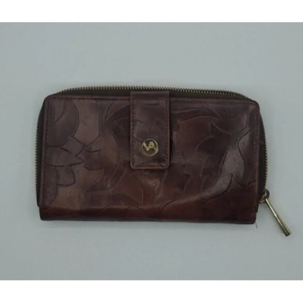 Valentina Genuine Embossed Floral Pattern Design Dark Red Leather Wallet Italy